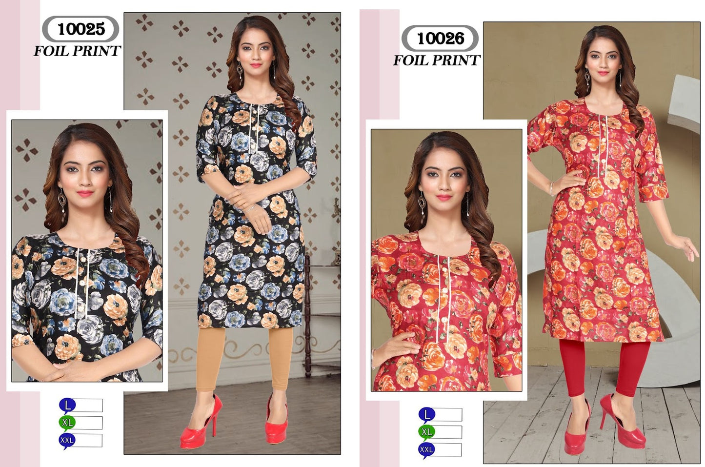 10025-10026 Mmc Foil Knee Length Kurtis Wholesale