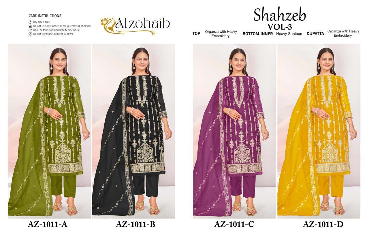 1011 Shahzeb Vol 3 Al Zohaib Organza Pakistani Salwar Suits Manufacturer Gujarat