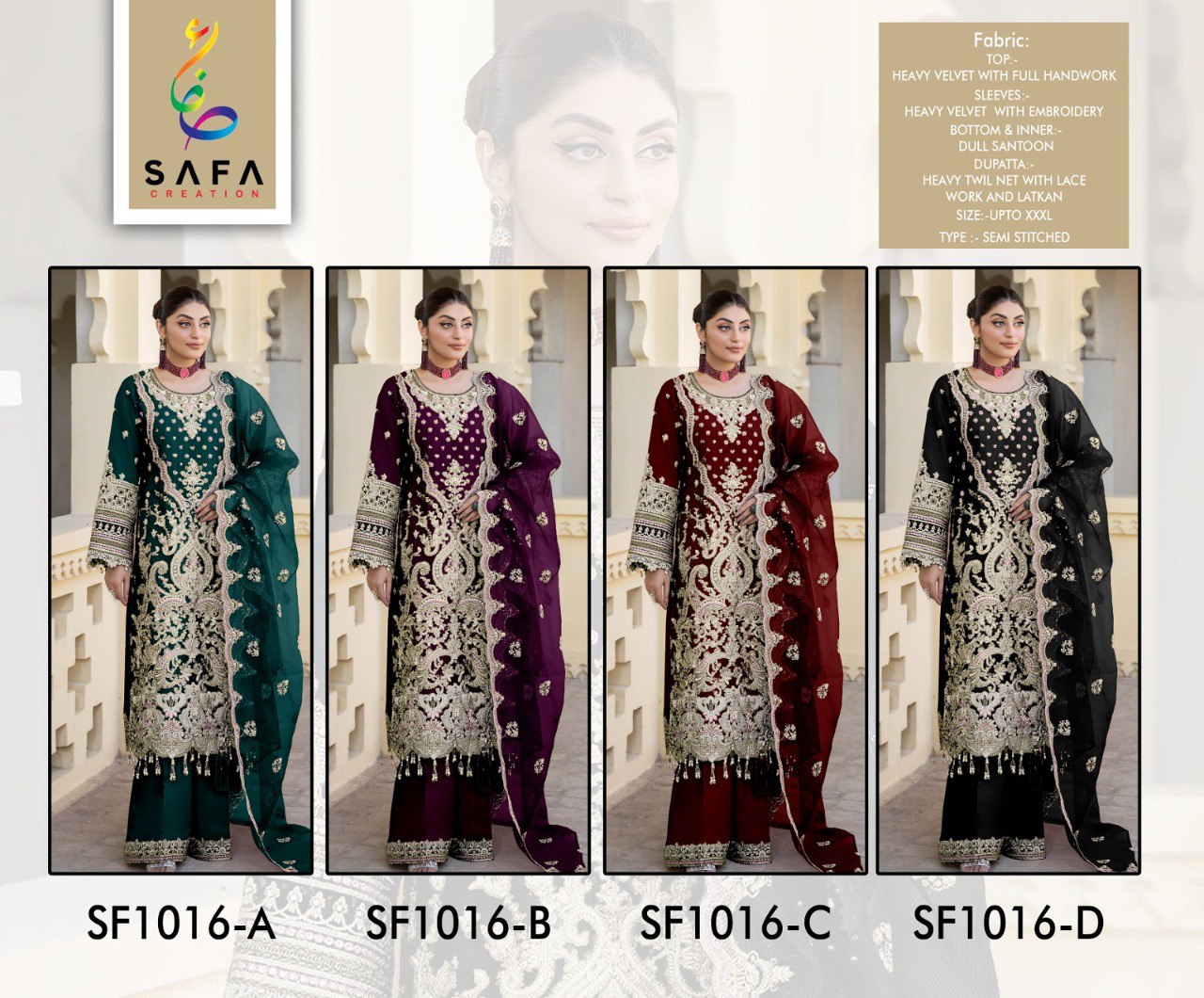 1016 Safa Creation Velvet Pakistani Salwar Suits Wholesaler India