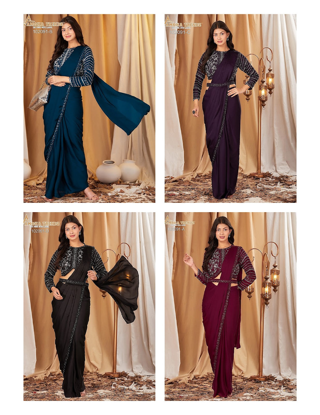 102091Abcd Amoha Chinon Ready To Wear Saree Wholesaler