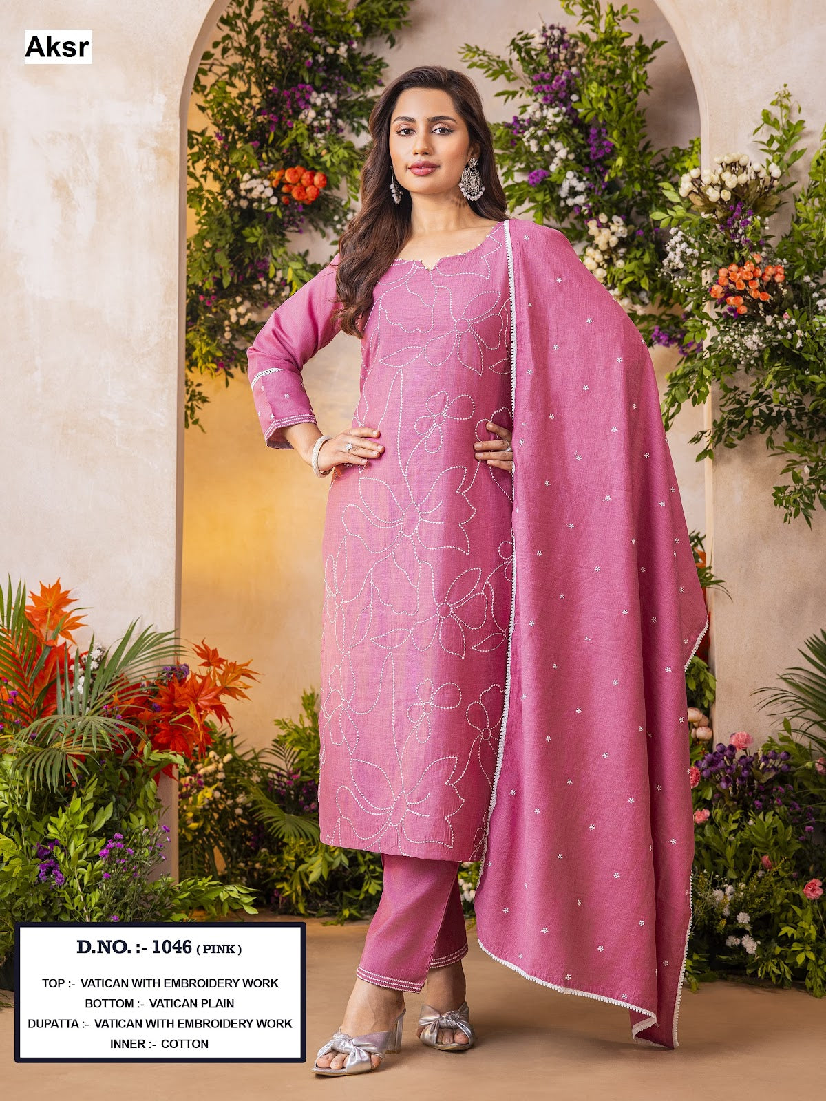 1046 White Thread Aksr Vatican Silk Readymade Pant Style Suits Exporter Ahmedabad