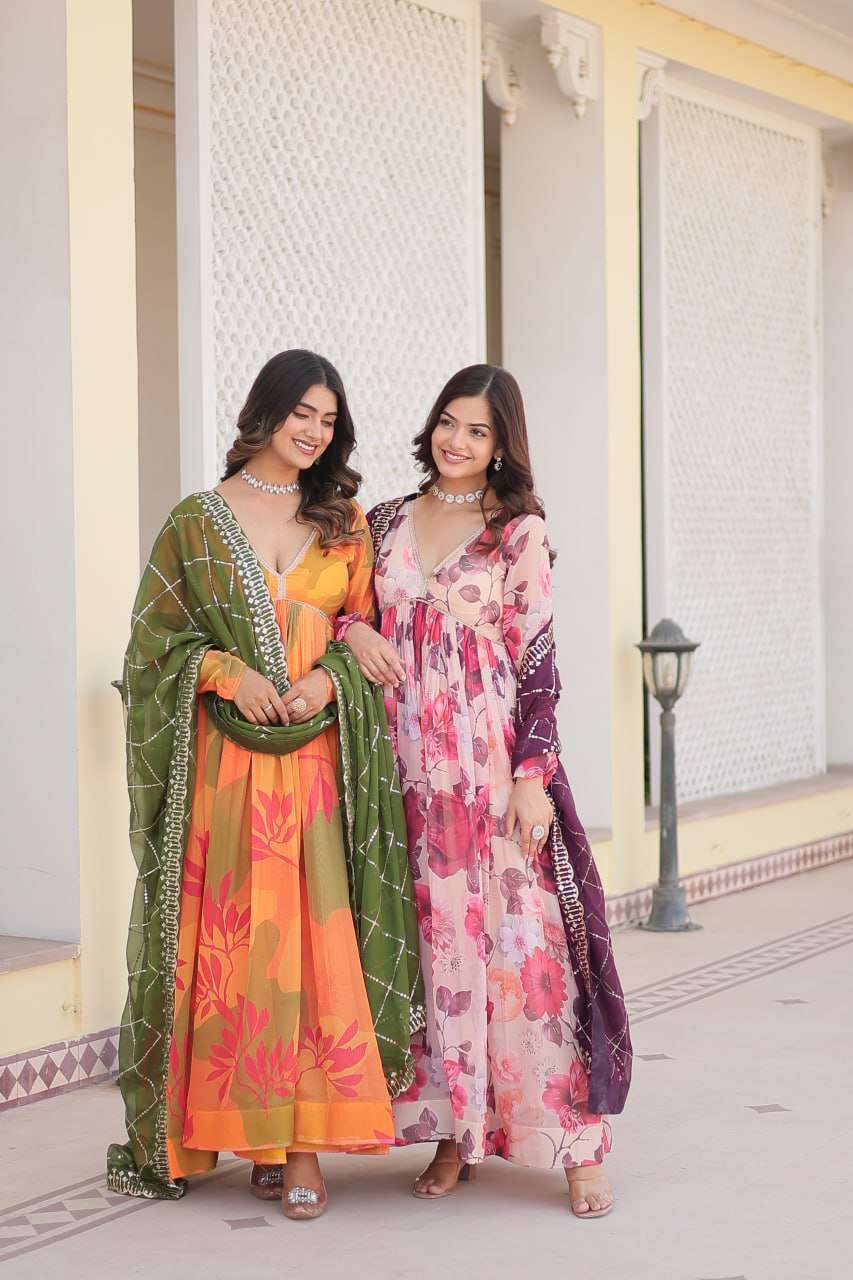 1098 Ka Russian Silk Gown Dupatta Set Wholesale Rate