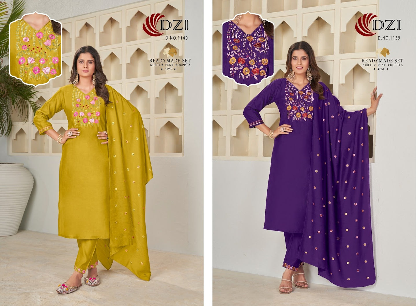 1139-1140 Dzi Roman Silk Readymade Pant Style Suits Wholesaler