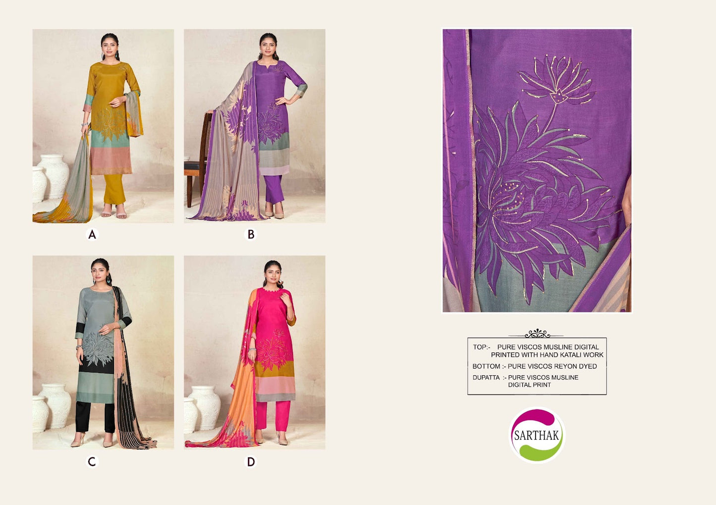 1213 Sarthak Prints Pure Viscose Pant Style Suits Exporter