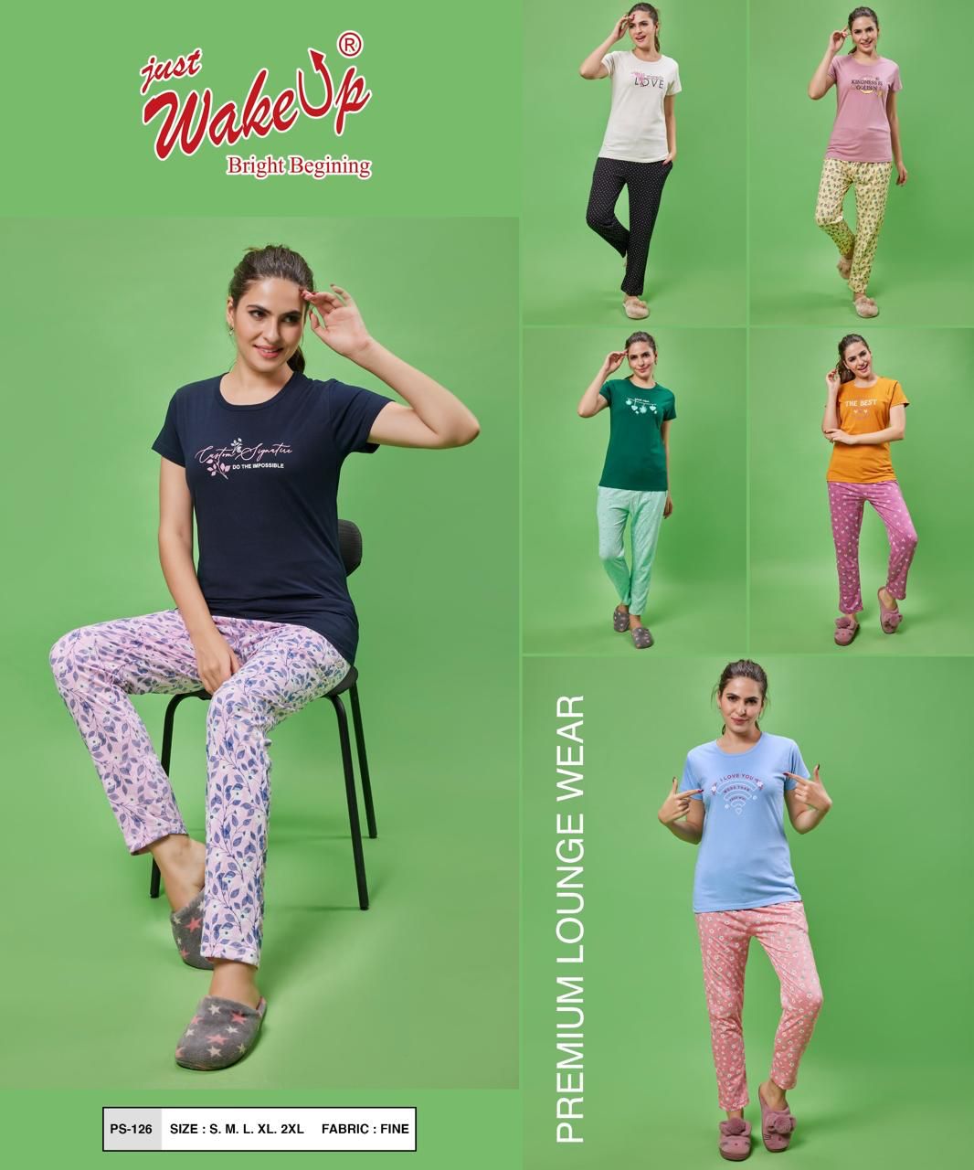 126 Wakeup Cotton Biowashed Pyjama Night Suits Exporter