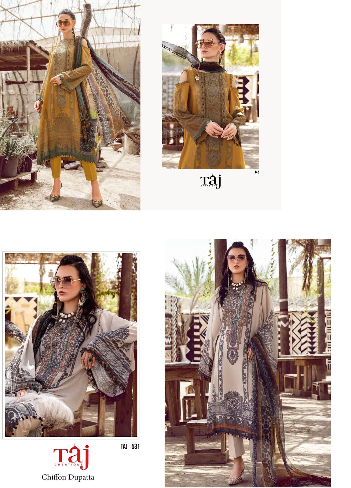 142-531 Taj Creations Cotton Pakistani Patch Work Suits Wholesale