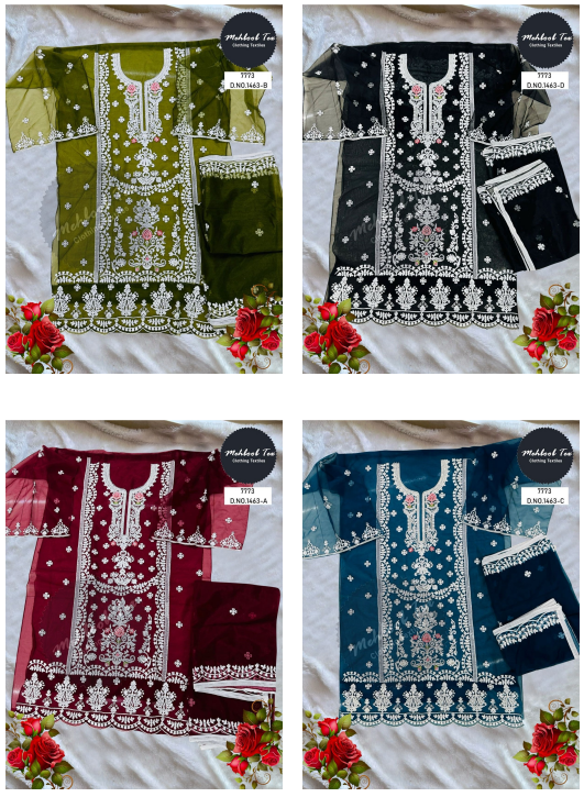 1463Abcd Mehboob Tex Organza Pakistani Salwar Suits Supplier India