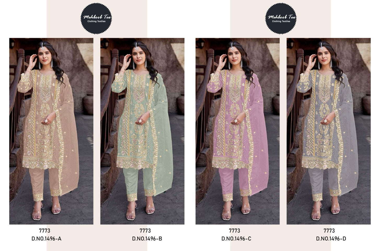 1496Abcd Mehboob Tex Organza Pakistani Salwar Suits Wholesaler
