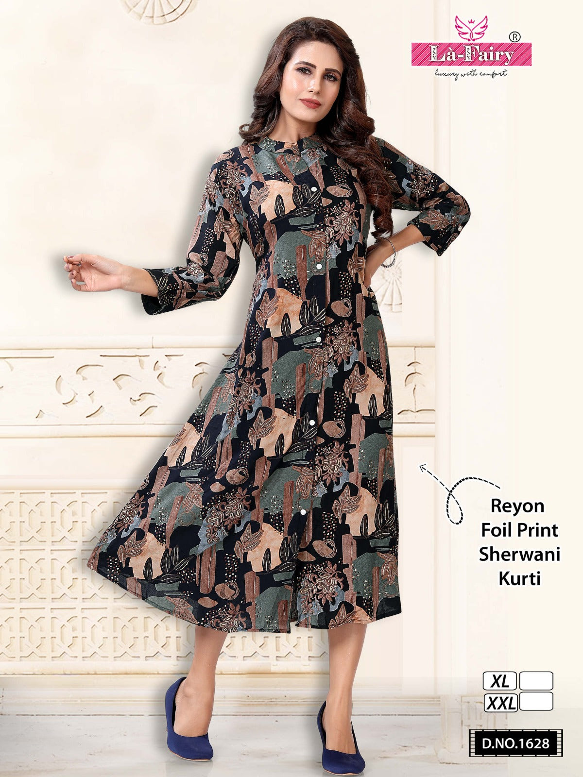 1628- Sherwani La Fairy Reyon A-Line Kurti Supplier India