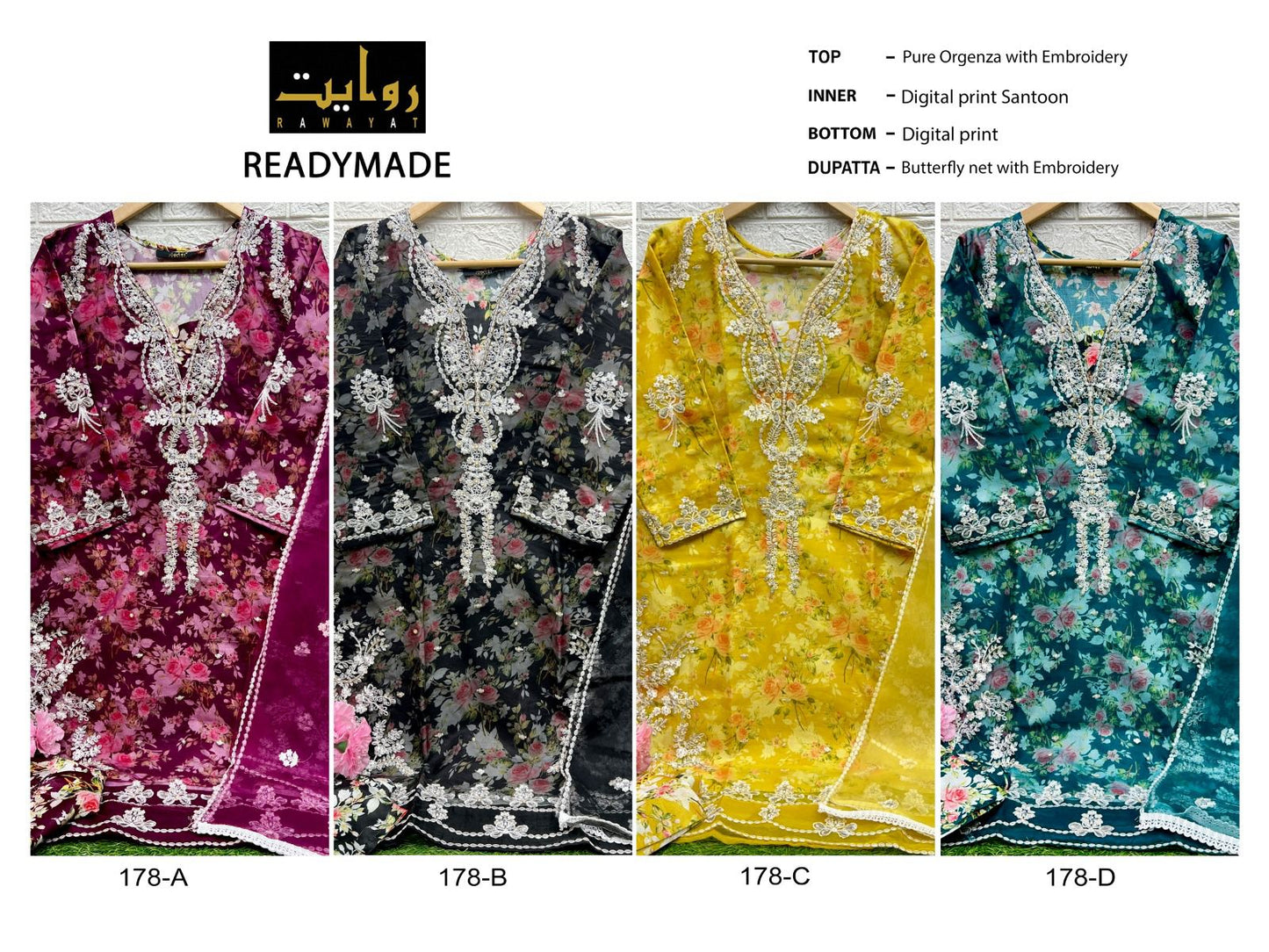 178 Rawayat Pure Organza Pakistani Readymade Suits Wholesale Rate