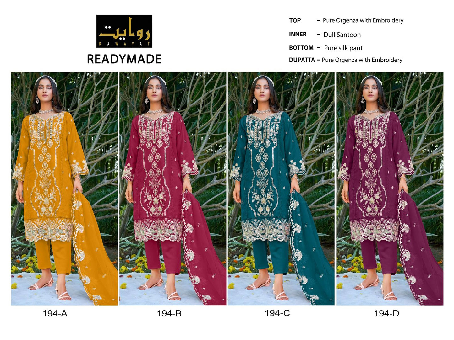 194 Rawayat Organza Pakistani Readymade Suits Wholesale Price