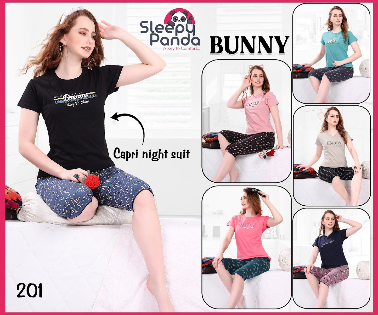 201 Bunny Sleepy Panda Hosiery Cotton Capri Night Suits Wholesaler Ahmedabad