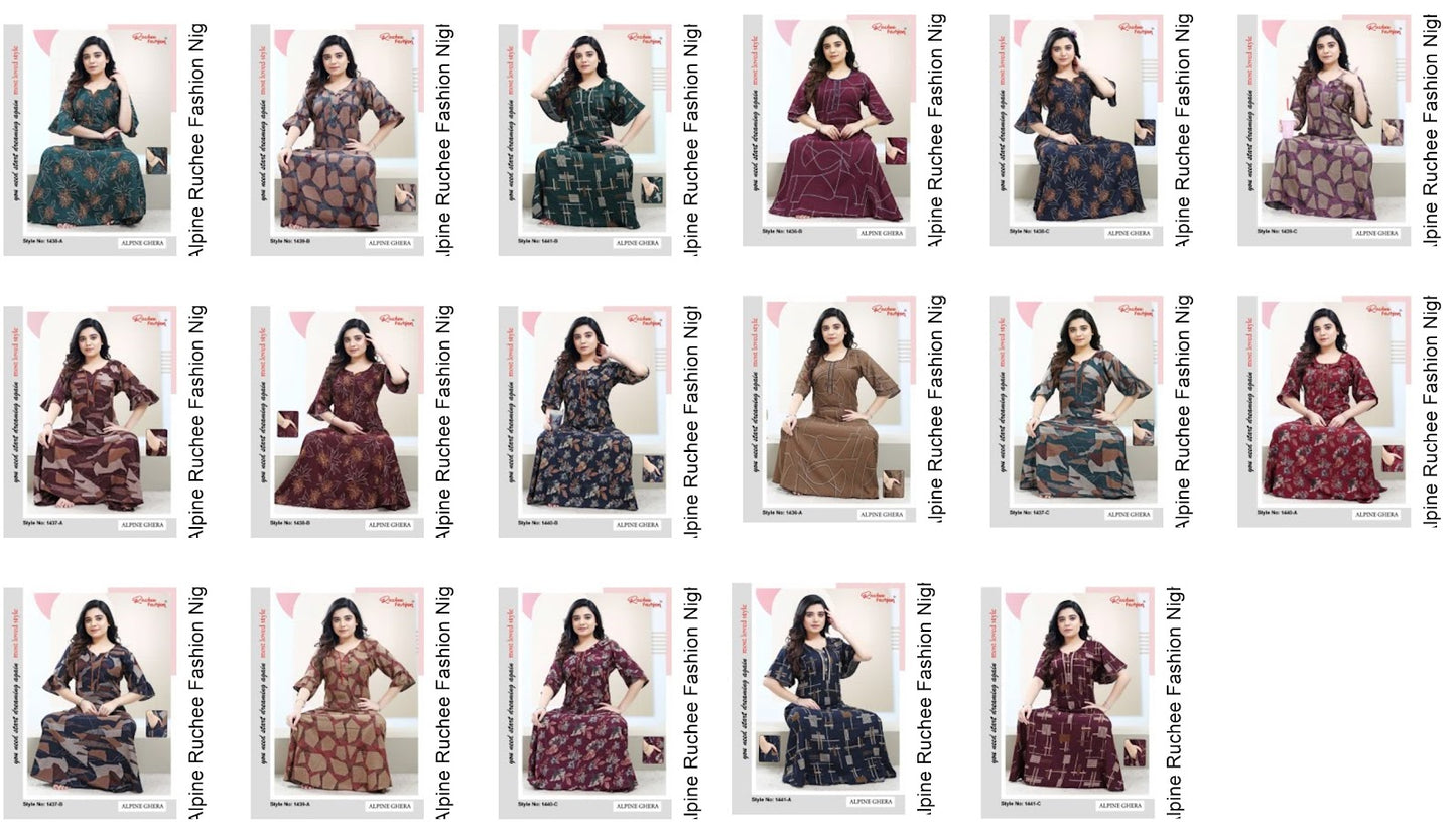 3/4 Sleeves Alpine Ruchee Fashion Night Gowns Exporter Gujarat