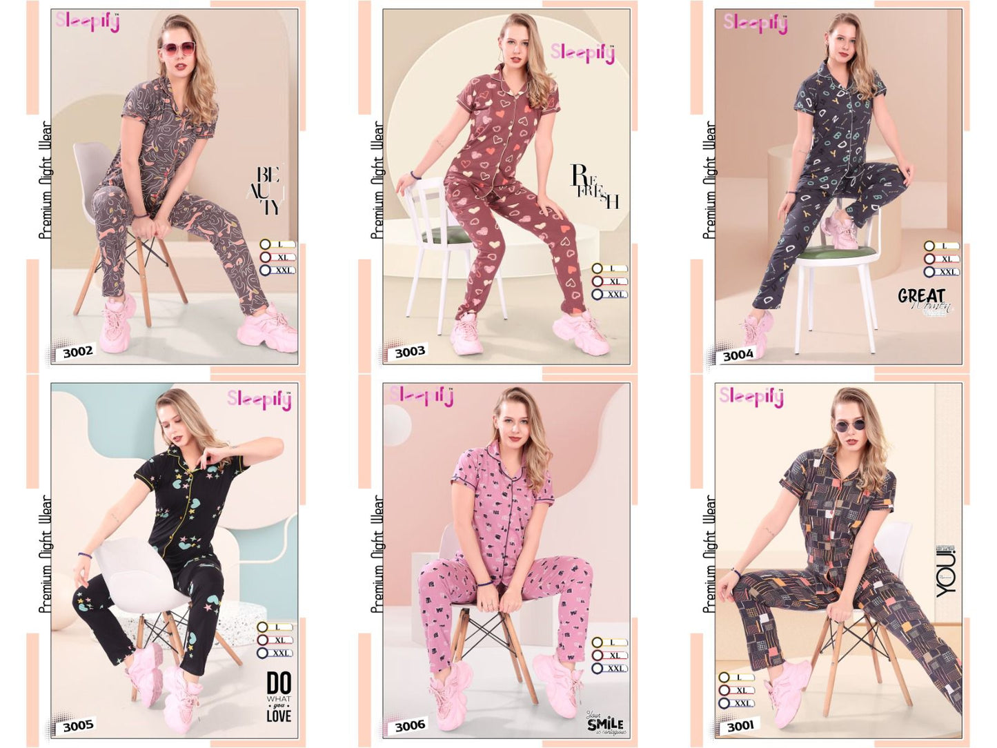 3001-3006 Sleepify Hosiery Collar Night Suits Wholesaler