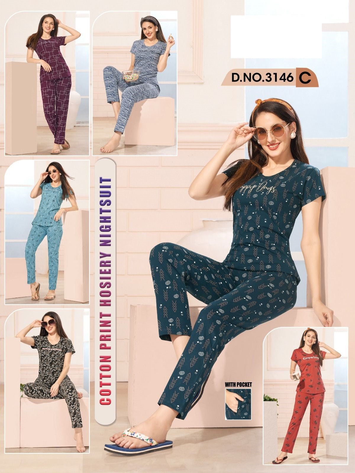 3146C Wld Hosiery Cotton Pyjama Night Suits Wholesaler