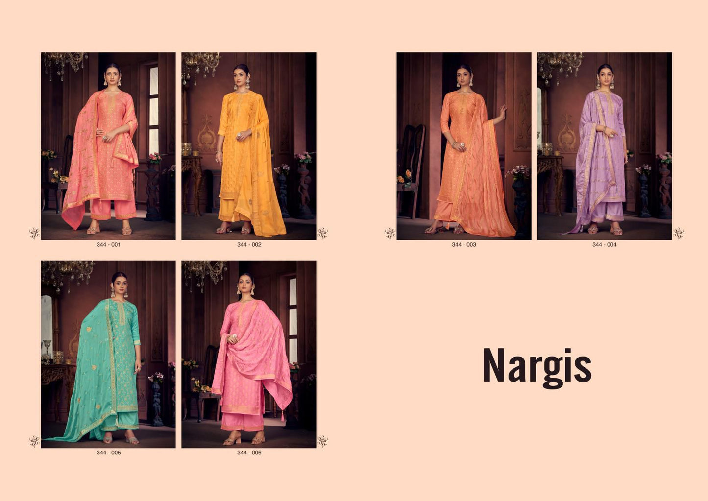 344 001-006 Nargis Russian Silk Sargam Prints Dola Jacquard Plazzo Style Suits Supplier Ahmedabad