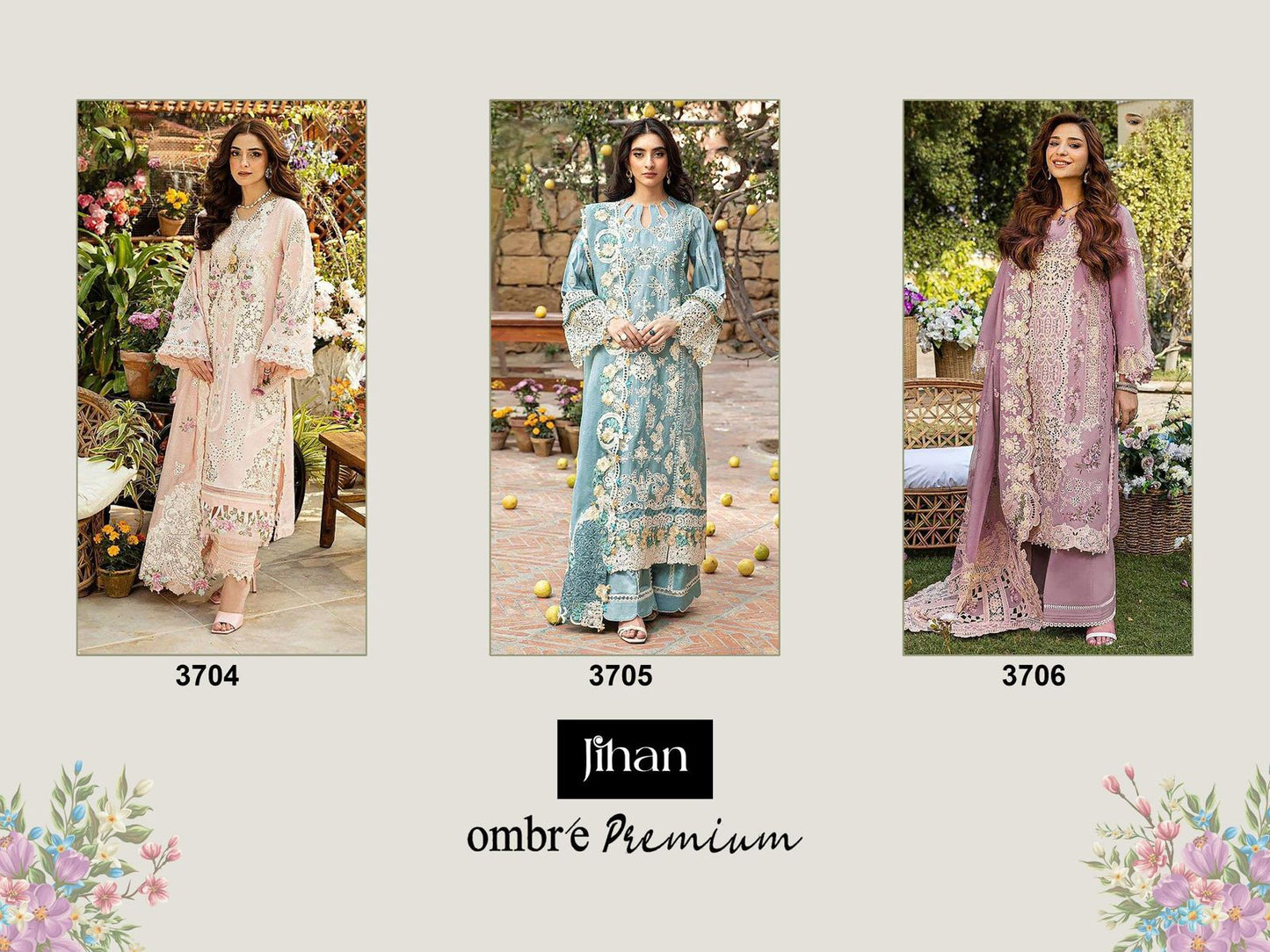 3704-3706 Ombre Premium Jihan Cotton Pakistani Patch Work Suits Wholesaler