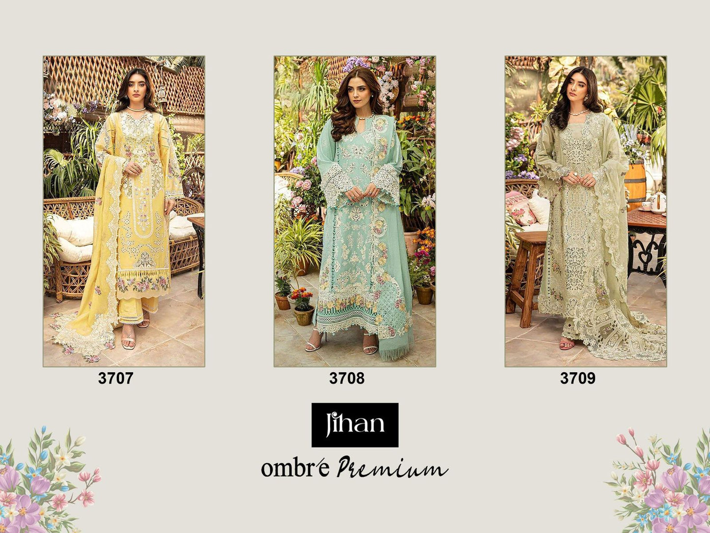 3707-3709 Ombre Premium Jihan Cotton Pakistani Patch Work Suits Manufacturer India