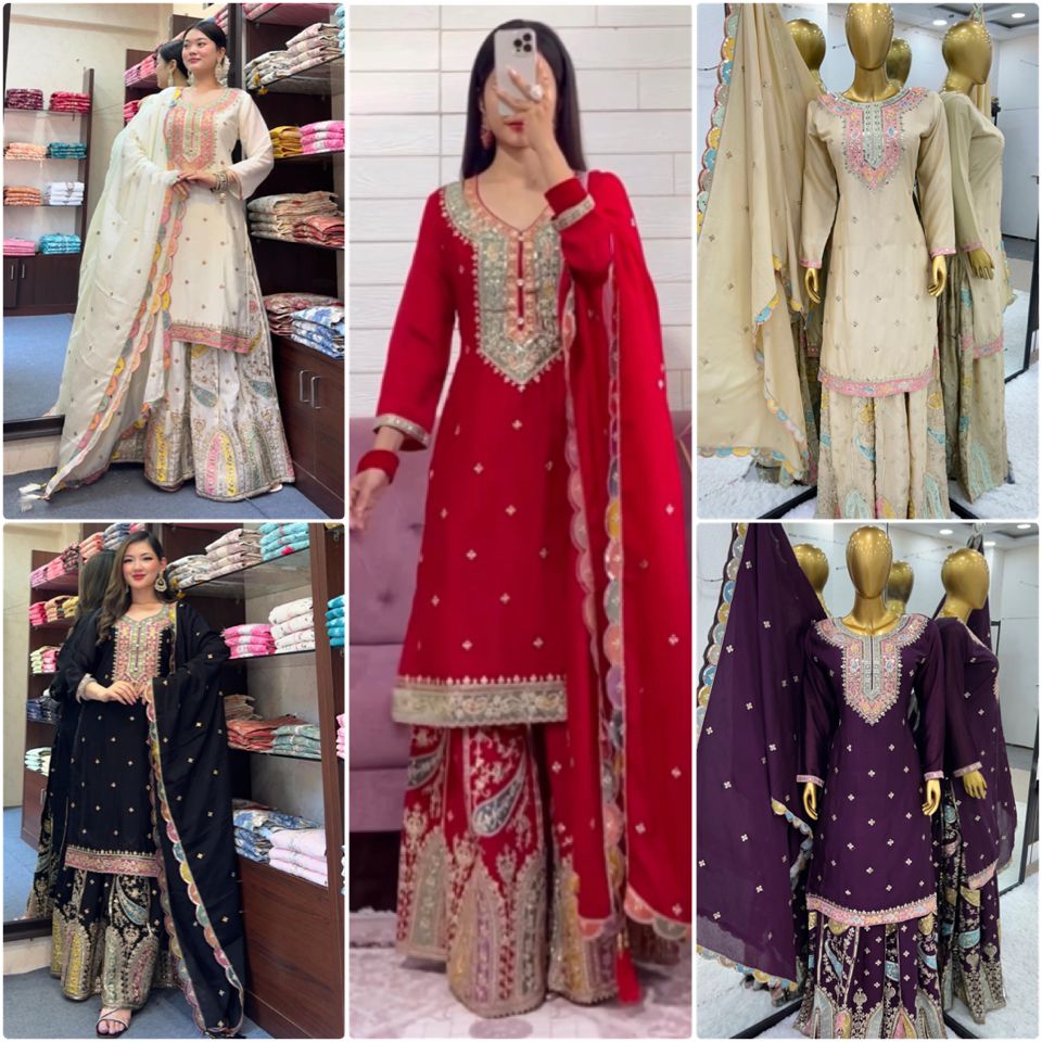 377 Priya'S Chinon Readymade Plazzo Style Suits Supplier Gujarat