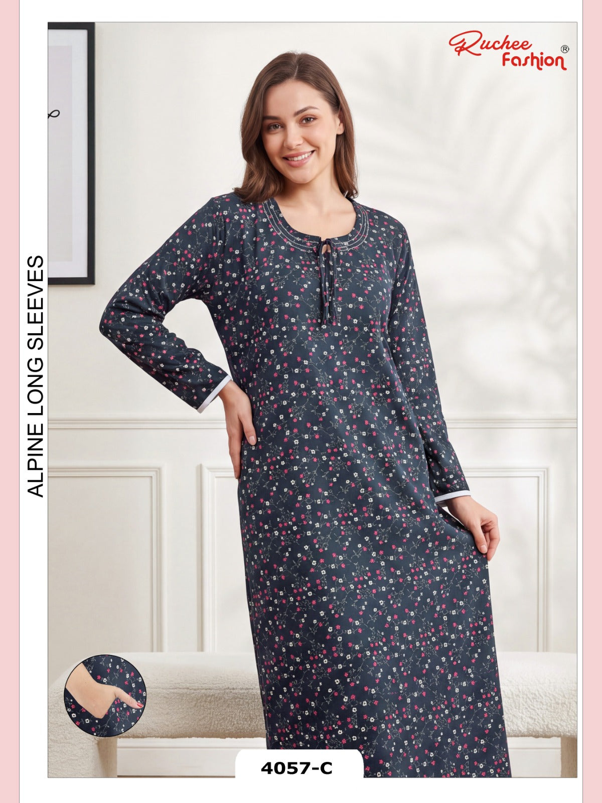 4057 Full Sleeves Ruchee Fashion Alpine Night Gowns Manufacturer Gujarat