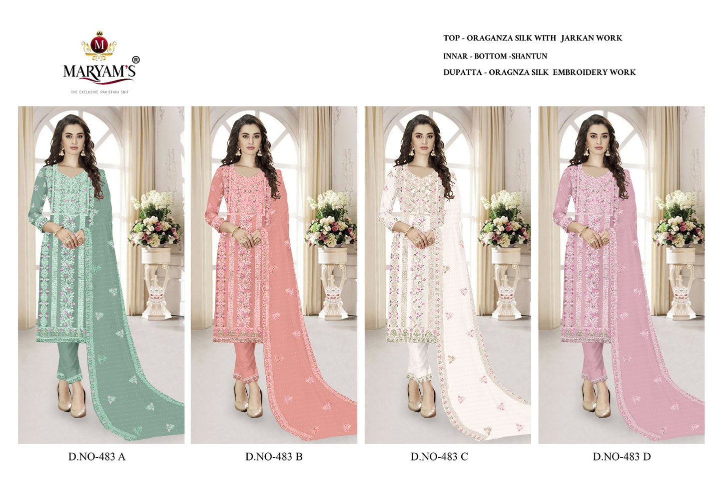 483 Abcd Maryams Organza Pakistani Salwar Suits Exporter