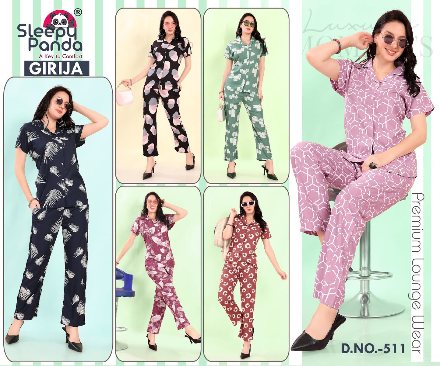 511 Girija Sleepy Panda Reyon Collar Night Suits Wholesaler Gujarat