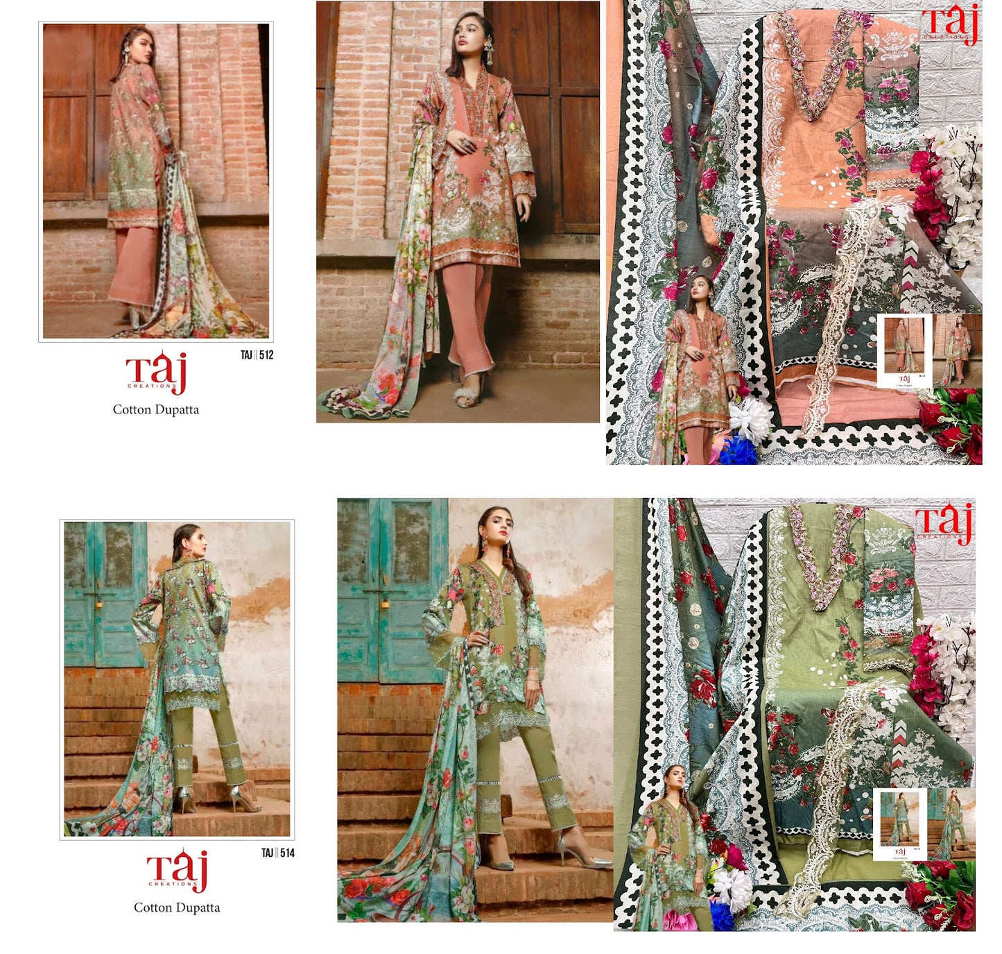 512-514 Taj Creations Pure Cotton Pakistani Patch Work Suits