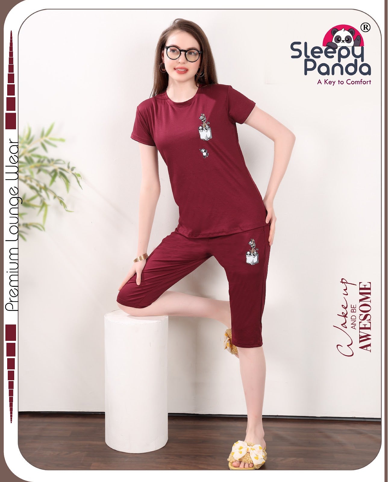 704 Tanya Sleepy Panda Tencil Lycra Capri Night Suits Supplier India