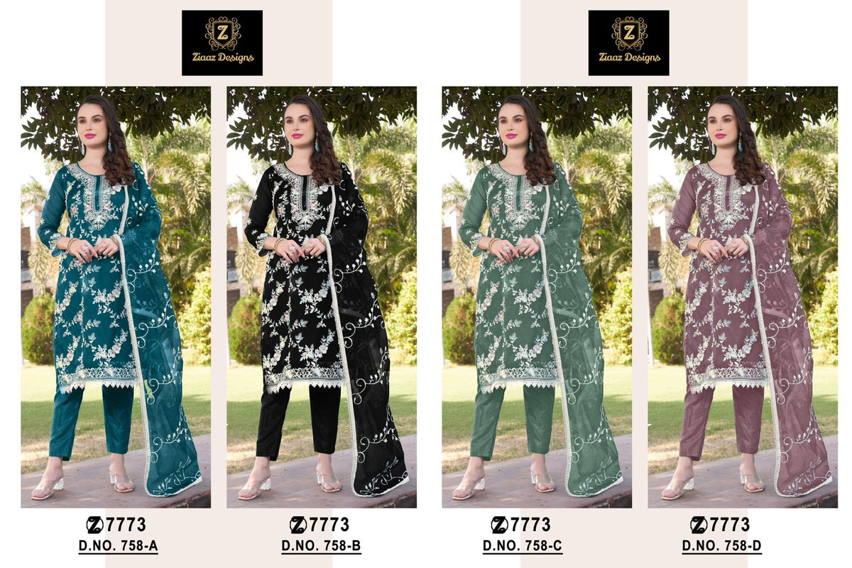 758Abcd Ziaaz Designs Organza Pakistani Salwar Suits Exporter