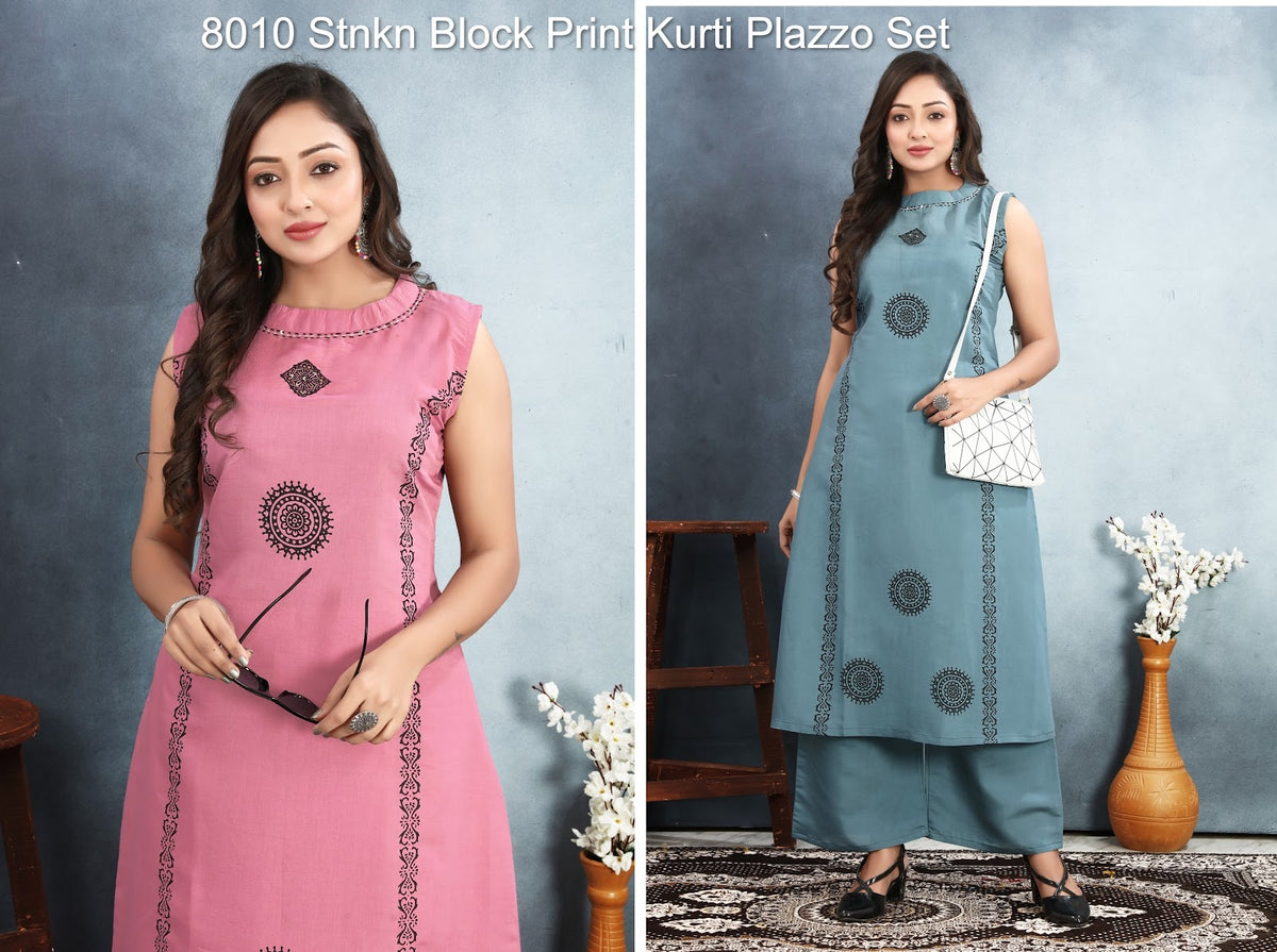 8010 Stnkn Roman Silk Kurti Plazzo Set Supplier Ahmedabad
