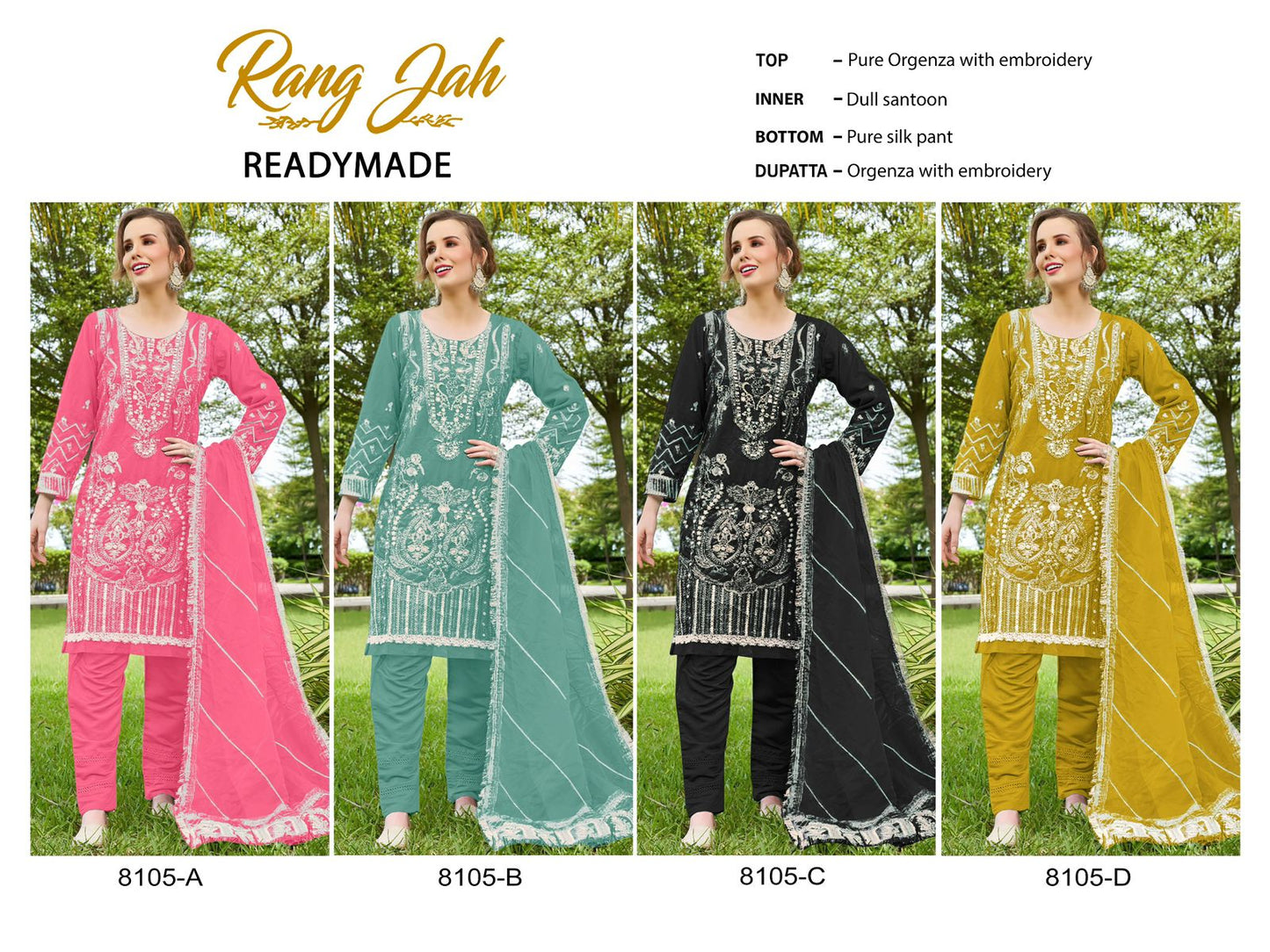 8105 Abcd Rang Jah Rawayat Organza Pakistani Readymade Suits Wholesaler India