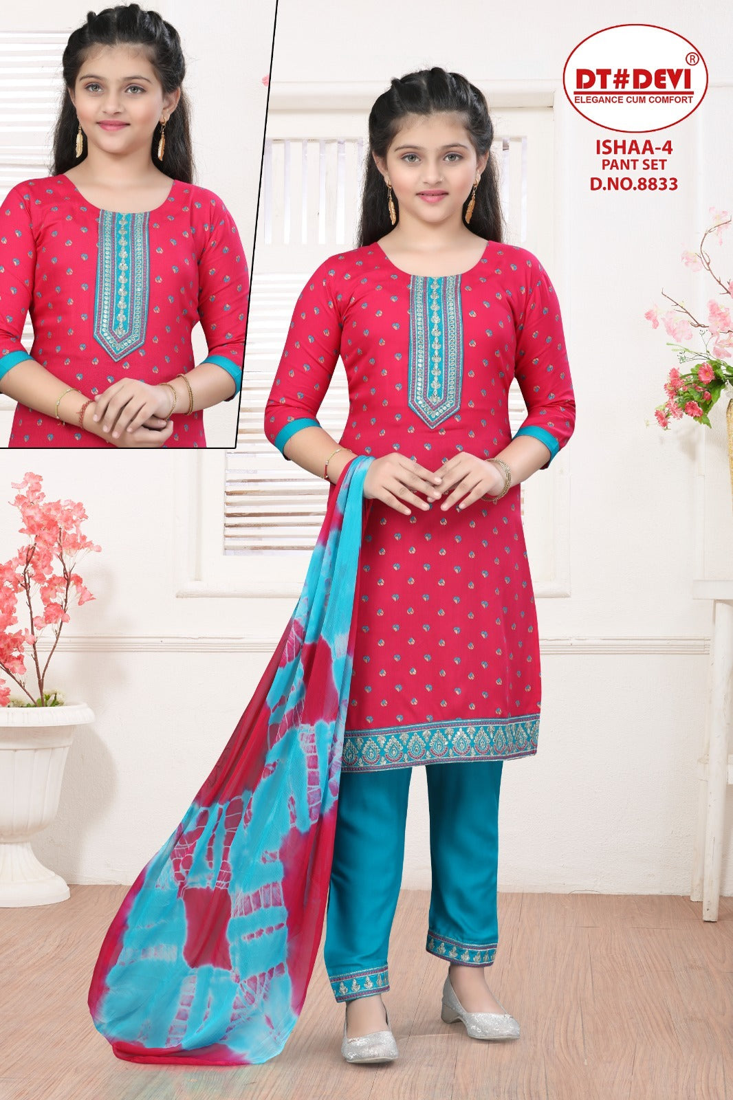 8833 Ishaa-4 Dt Devi Rayon Girls Readymade Pant Suits Supplier Gujarat
