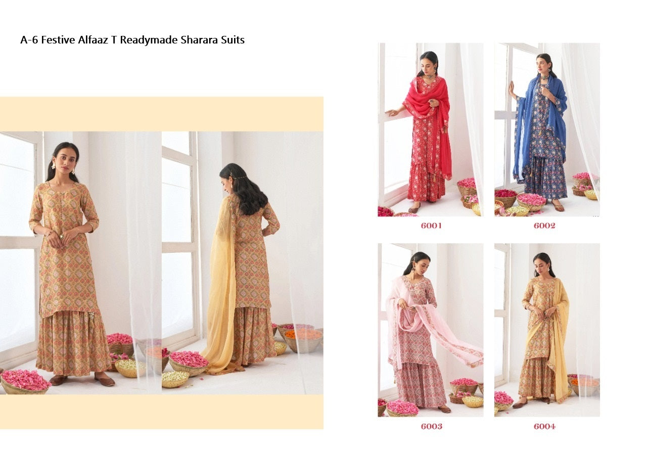 A-6 Festive Alfaaz T Muslin Readymade Sharara Suits Wholesale Rate