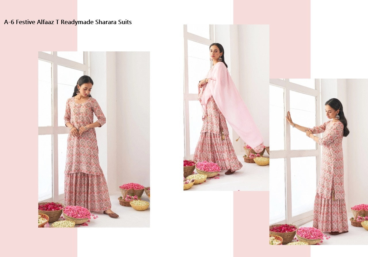 A-6 Festive Alfaaz T Muslin Readymade Sharara Suits Wholesale Rate