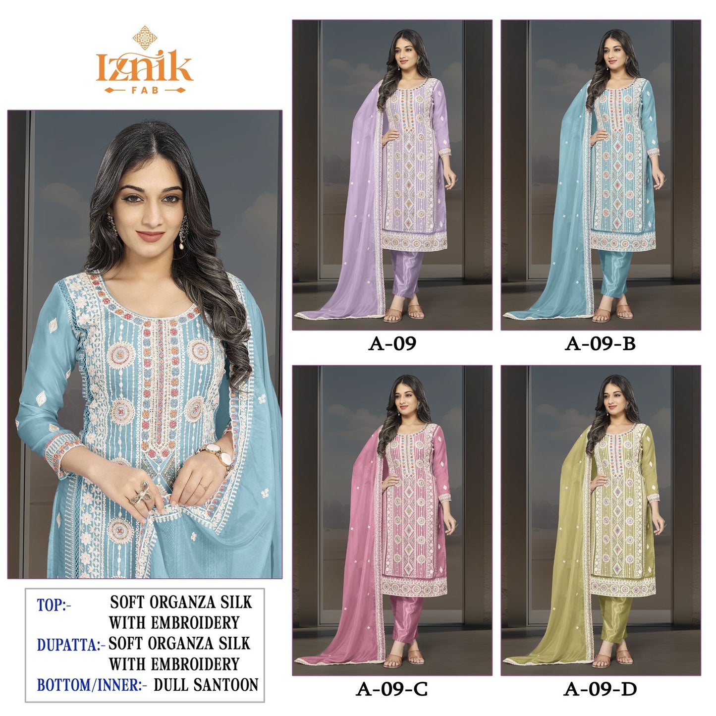 A 09 Iznik Organza Pakistani Salwar Suits Wholesaler