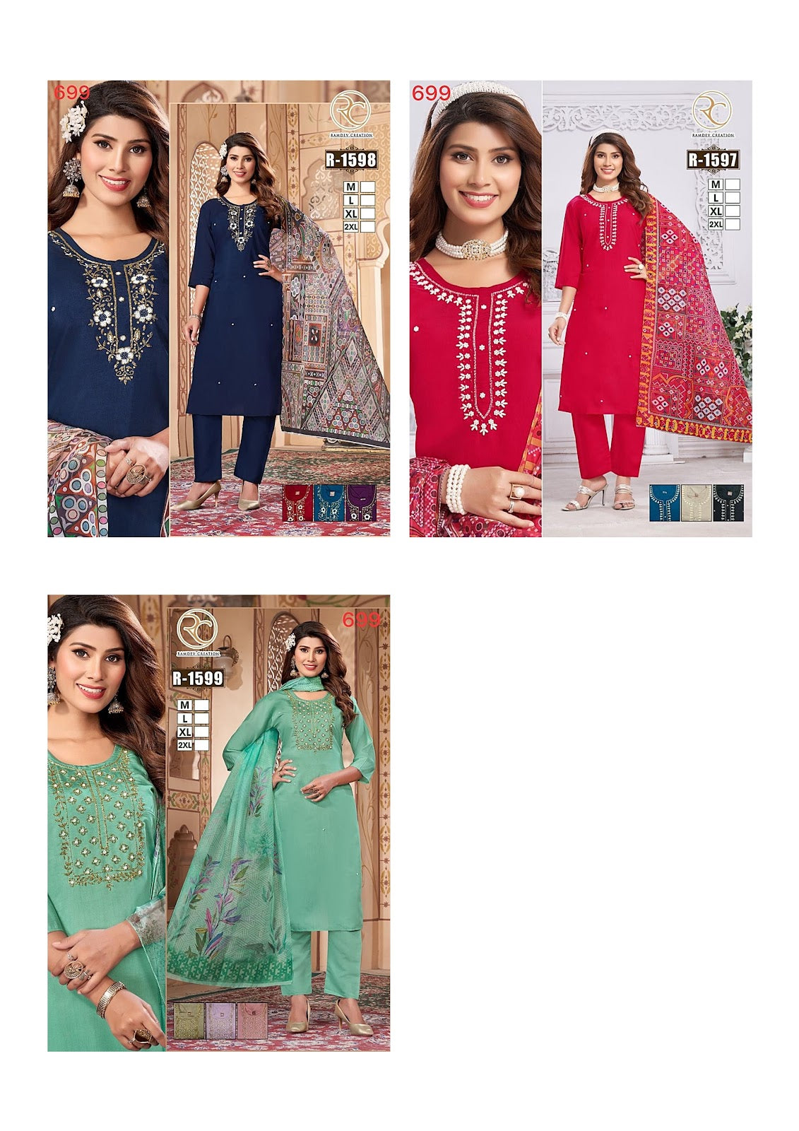 1597-1599 Ramdev Creation Roman Silk Readymade Pant Style Suits Supplier Gujarat