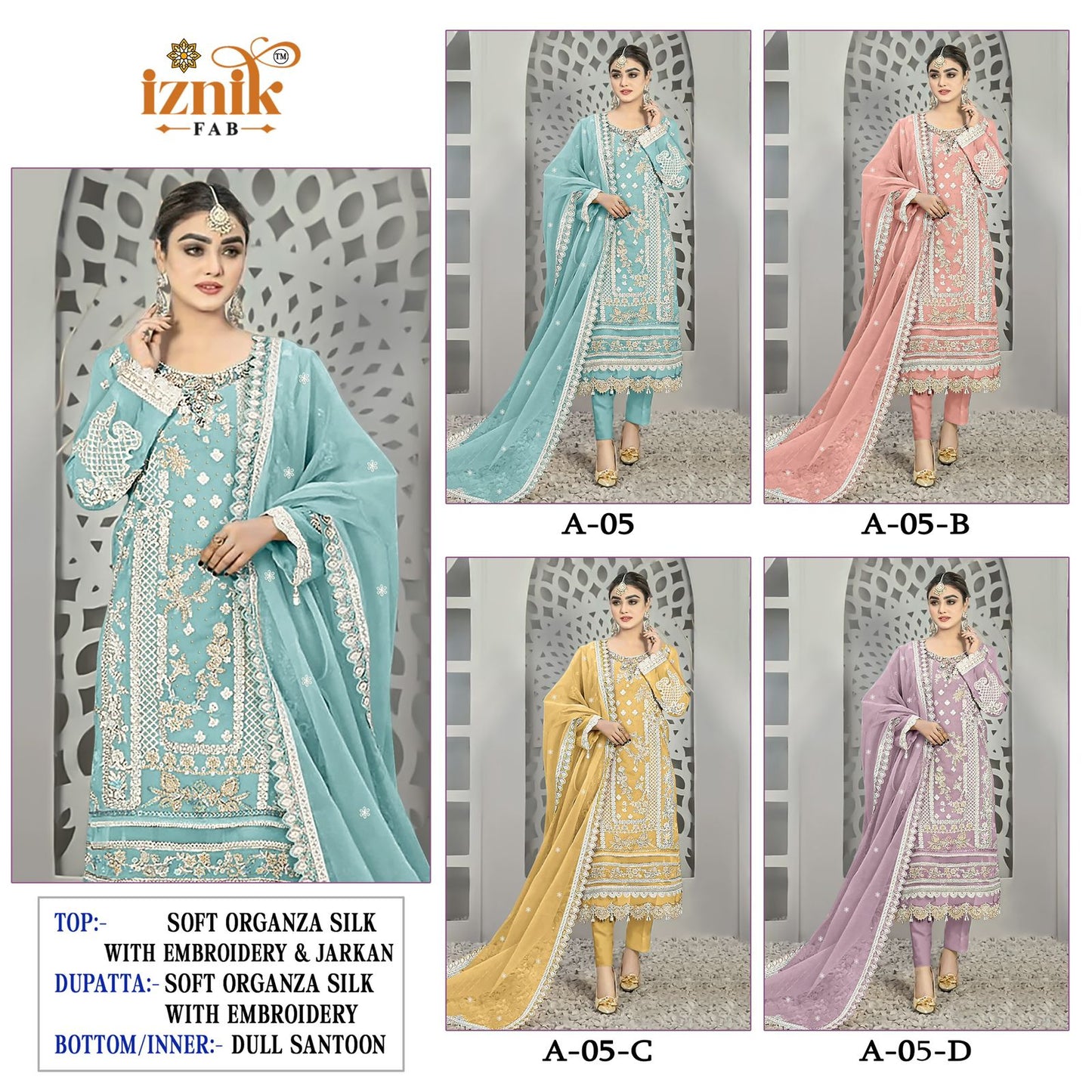 A 5 Iznik Organza Pakistani Salwar Suits Wholesale Price