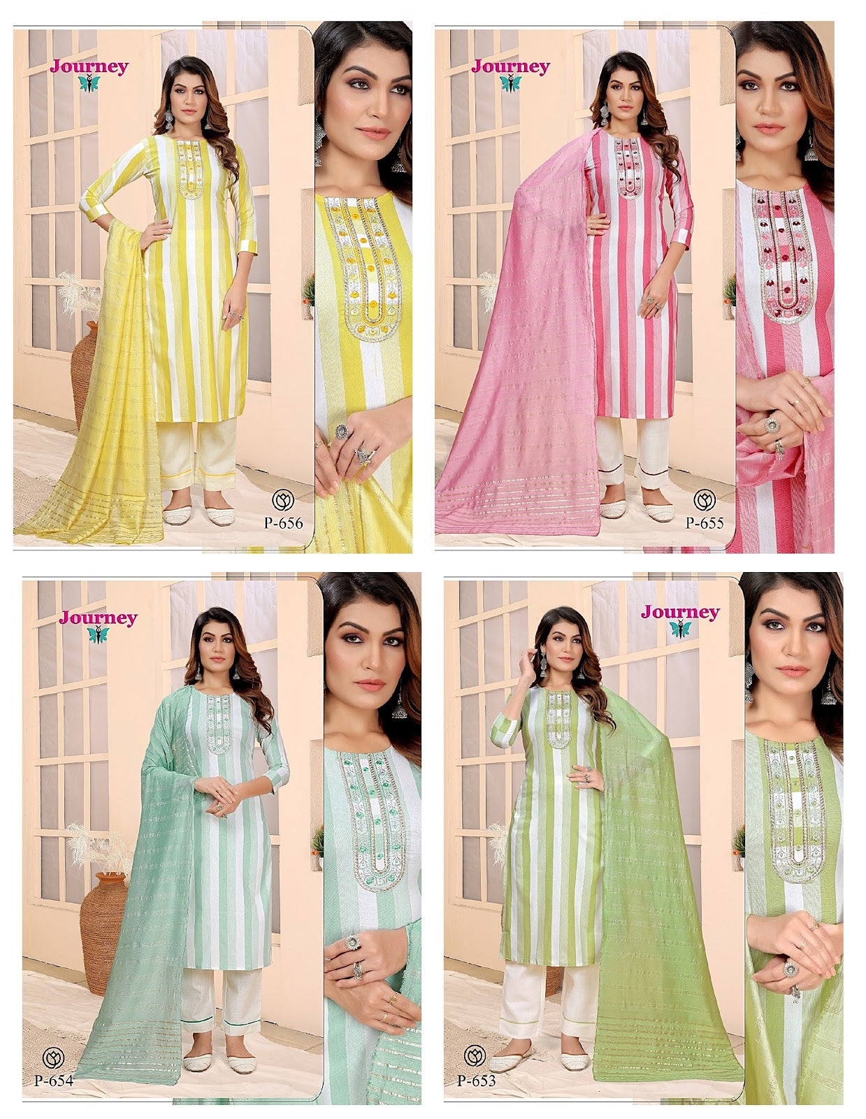 P 653-656 Journey Design Cotton Readymade Pant Style Suits Wholesaler India