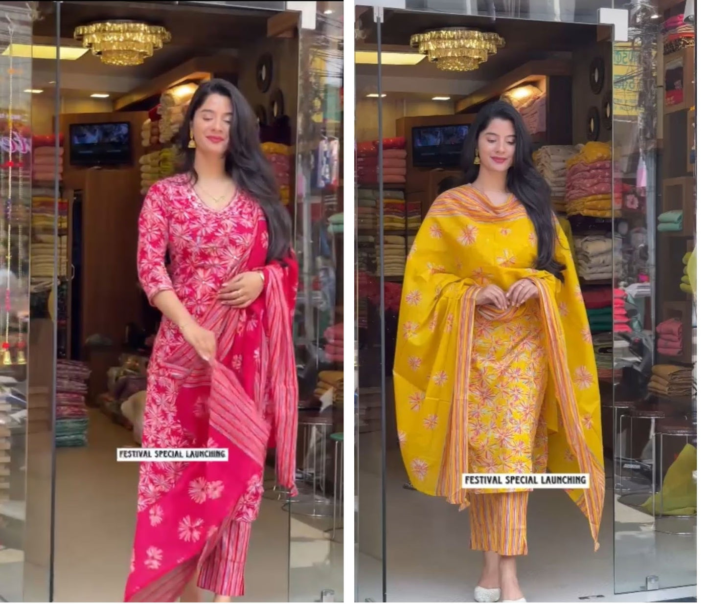 Pink-Yellow Qubo Cotton Readymade Pant Style Suits