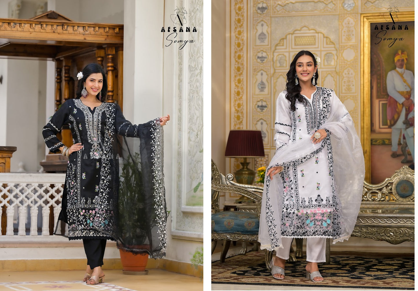 Somya Black-White Afsana Organza Readymade Pant Style Suits Manufacturer
