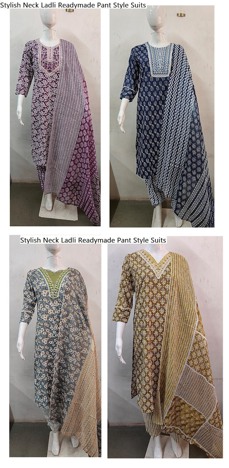 Stylish Neck Ladli Cotton Cambric Readymade Pant Style Suits Supplier India