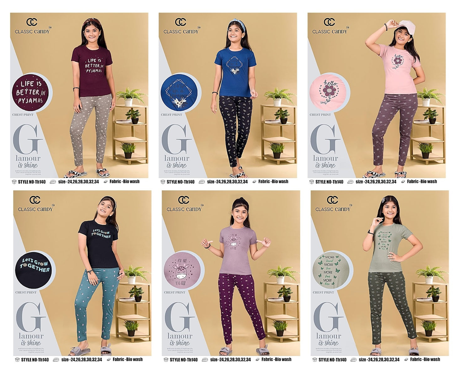 Th 140 Classic Candy Cotton Biowashed Girls Night Suits Exporter