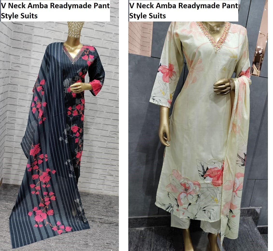V Neck Amba Pure Cotton Readymade Pant Style Suits Exporter India