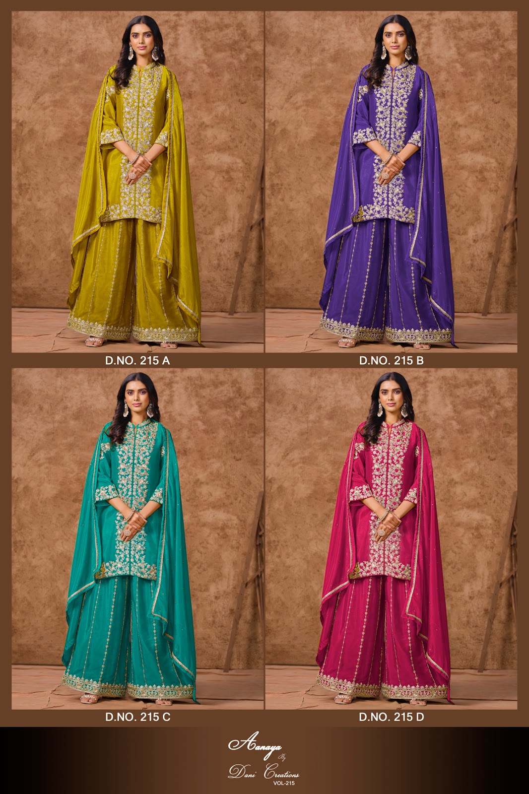 Aanaya Vol 215 Dani Creation Chinon Silk Plazzo Style Suits Supplier Gujarat