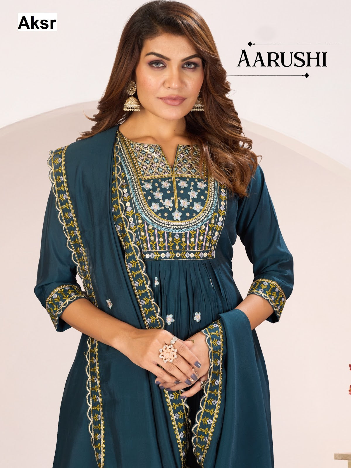 Aarushi Aksr Roman Silk Readymade Plazzo Style Suits Manufacturer Ahmedabad