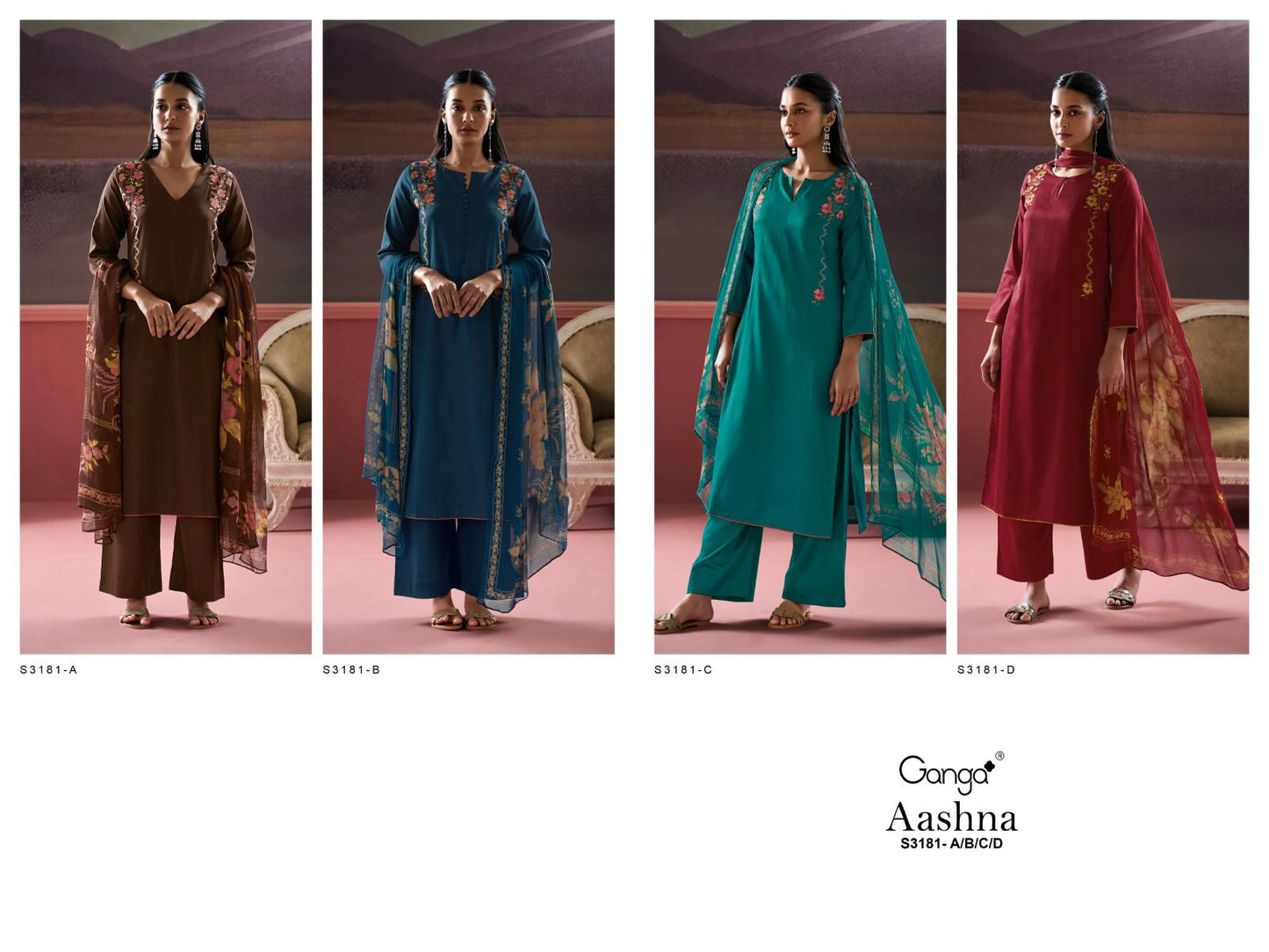 Aashna S3181 Ganga Cotton Silk Plazzo Style Suits Manufacturer India