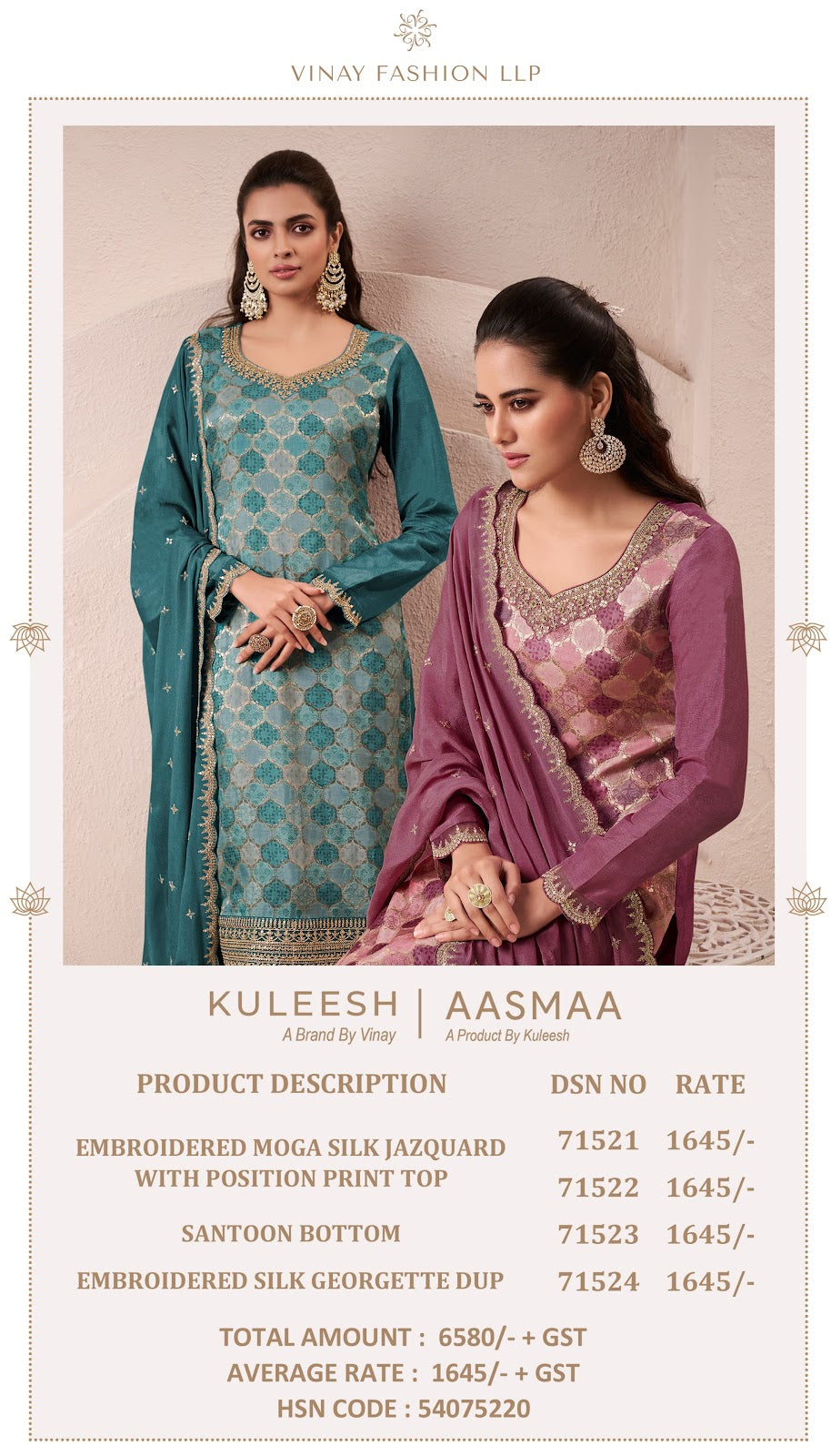 Aasmaa Kuleesh Vinay Fashion Llp Moga Silk Pant Style Suits Wholesale Price