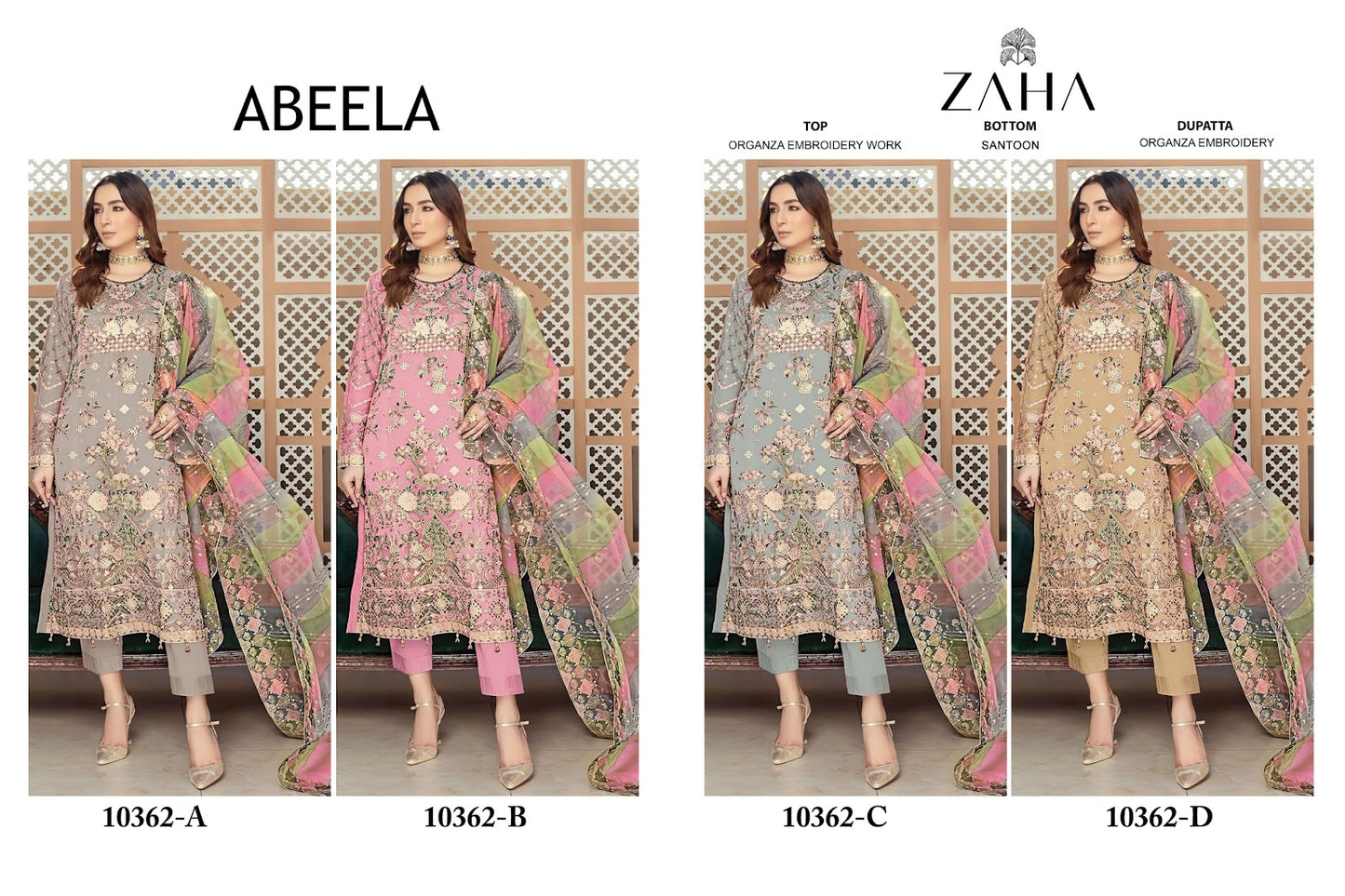 Abeela 10362 Abcd Zaha Organza Pakistani Salwar Suits Exporter India