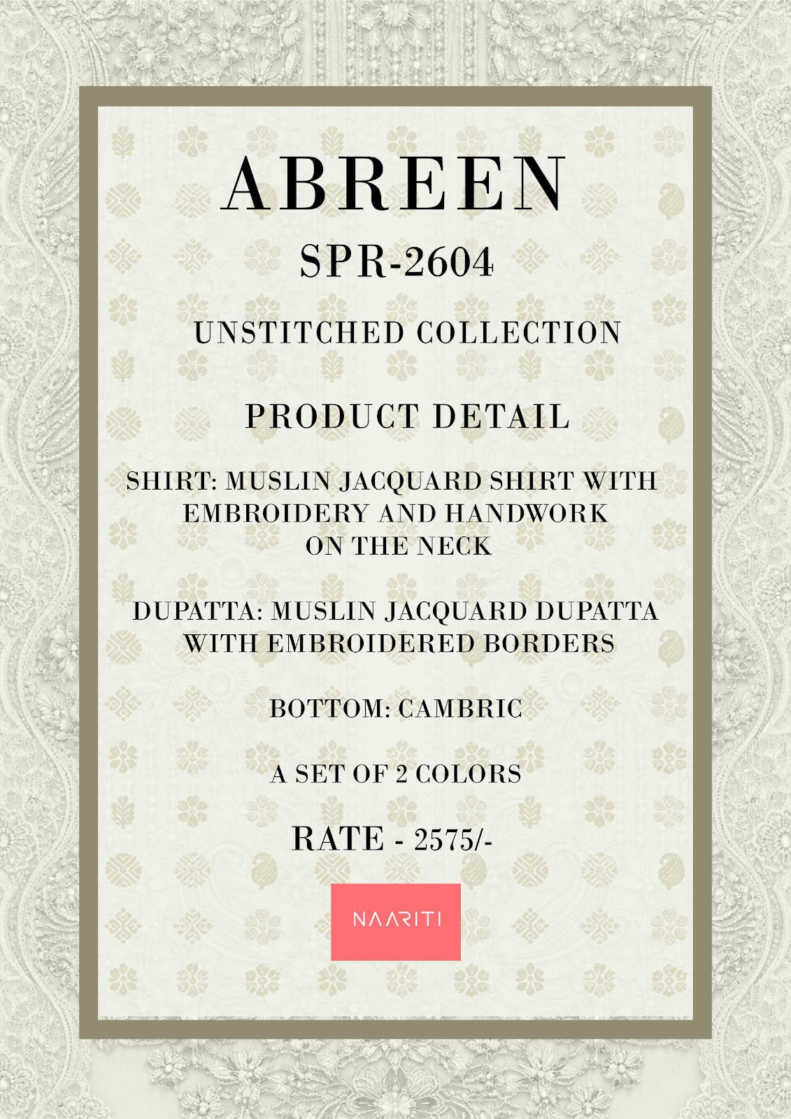 Abreen Naariti Muslin Jacquard Pant Style Suits Wholesale Price