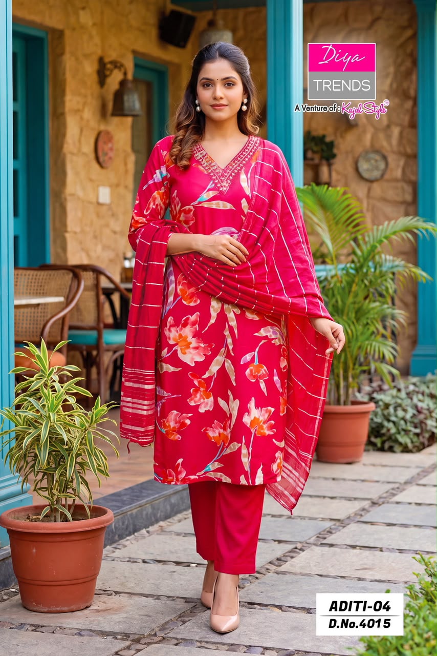 Aditi Vol 4 Diya Trends Rayon Readymade Pant Style Suits Wholesaler Ahmedabad